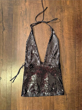 Black Sequin Halter Tie Crop Top